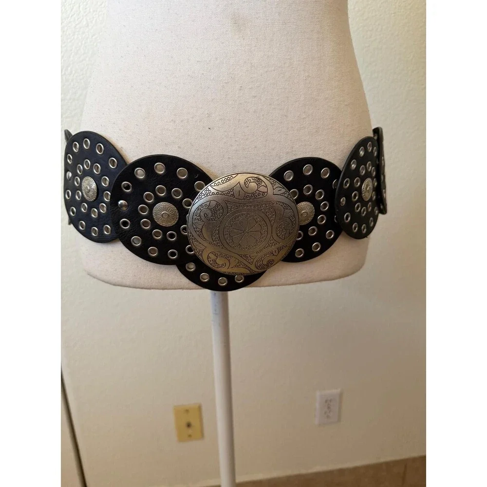 Boho Y2K Leather Disc Concho Belt Black Brass Grommet Statement Belt Western 36'